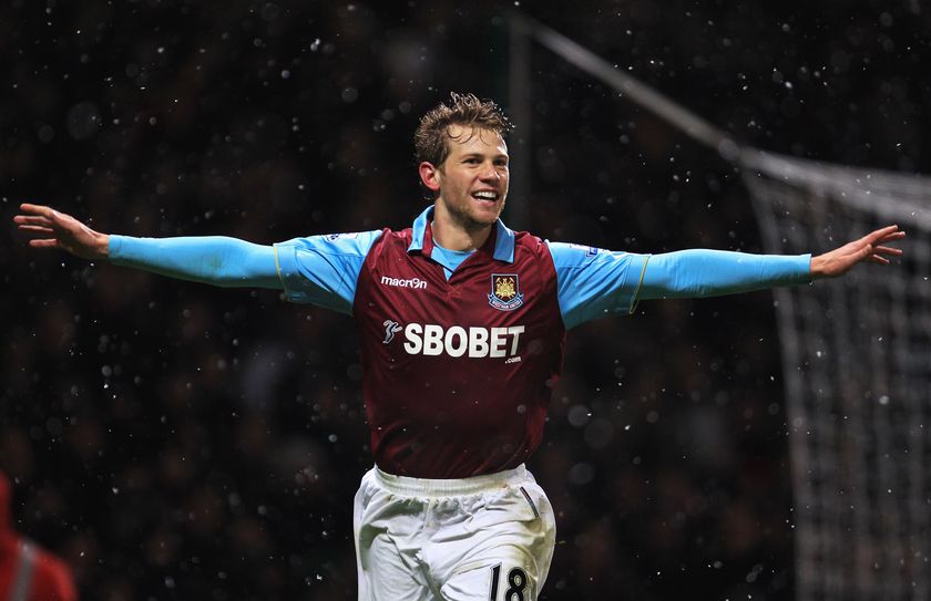 Jonathan Spector scores during the Carling Cup Quarter Final match between West Ham United and Manchester United at the Boleyn Ground on November 30, 2010 in London, England.