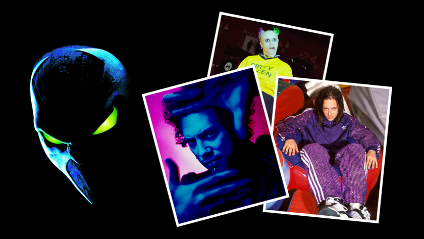 Spawn leering over photos of Jonathan Davis, Kirk Hammett and Keith Flint