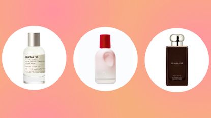 Collage of three of the best long lasting perfumes featured in this guide from Le Labo, Glossier, and Jo Malone London