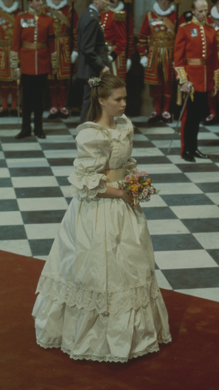 Sarah Armstrong-Jones (later Lady Sarah Chatto), the daughter of Princess Margaret and the Earl of Snowdon, as chief bridesmaid at the wedding of Charles, Prince of Wales, and Lady Diana Spencer at St Paul's Cathedral, London, 29th July 1981