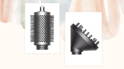 composite of the two new dyson airwrap attachments - round brush and diffuser
