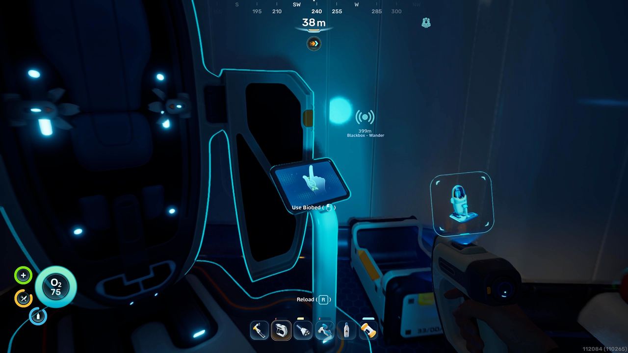 Subnautica 2 inventory size: A player looking at a Biobed inside a dark building, where you can get permanent inventory upgrades.