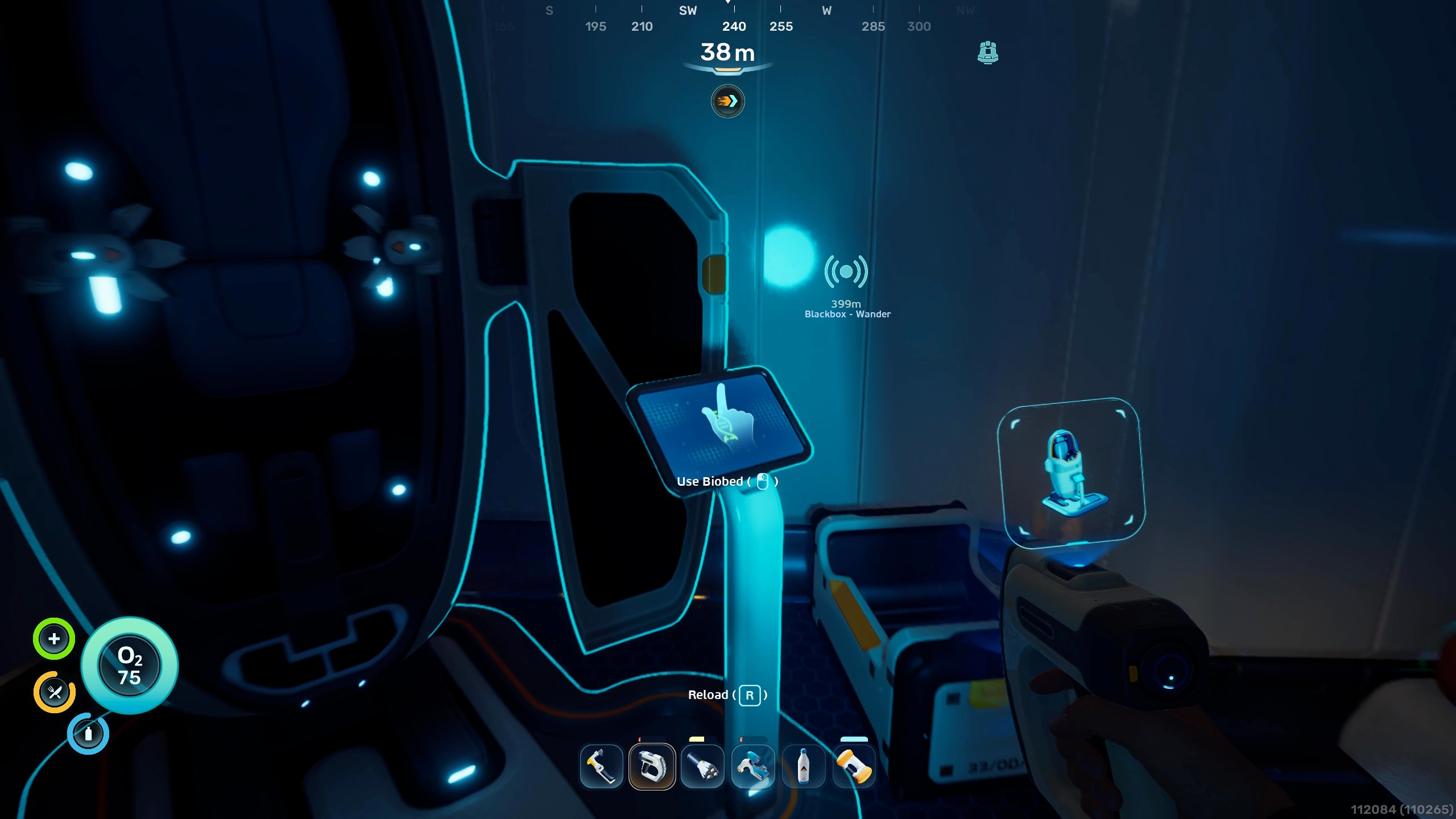 Subnautica 2 inventory size: A player looking at a Biobed inside a dark building, where you can get permanent inventory upgrades.