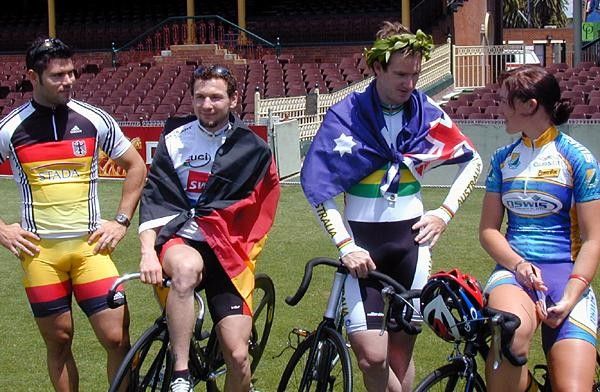 Trackies in the sun. Matthias John and Rene Wolff enjoying the sun in Sydney with Ryan Bayley and Kate Bate