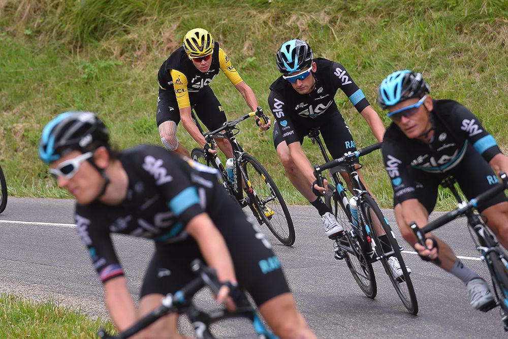 Team Sky protects Chris Froome duriNG stage 20 at the Tour de France.