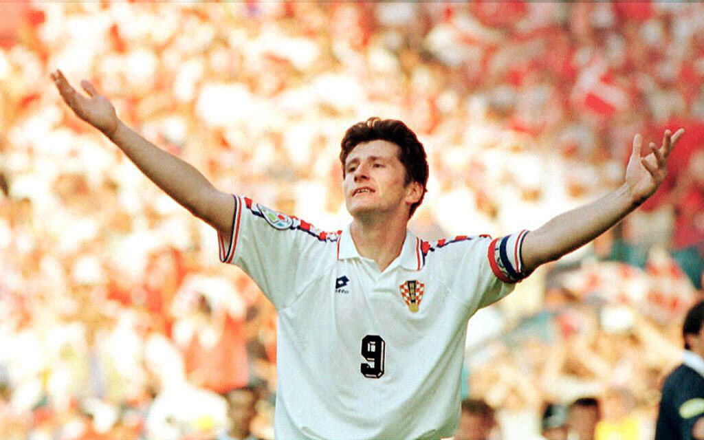 Davor Suker celebrates after scoring his second goal for Croatia against Denmark at Euro 96.