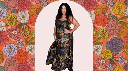 Justina Bakeney in a long, floral strapless black dress on a colorful retro pink floral background
