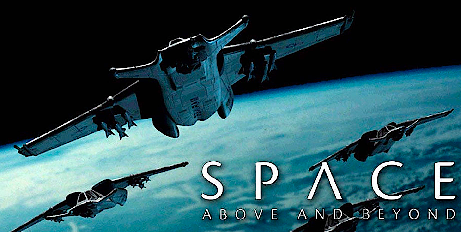 three spaceships soar over a blue planet