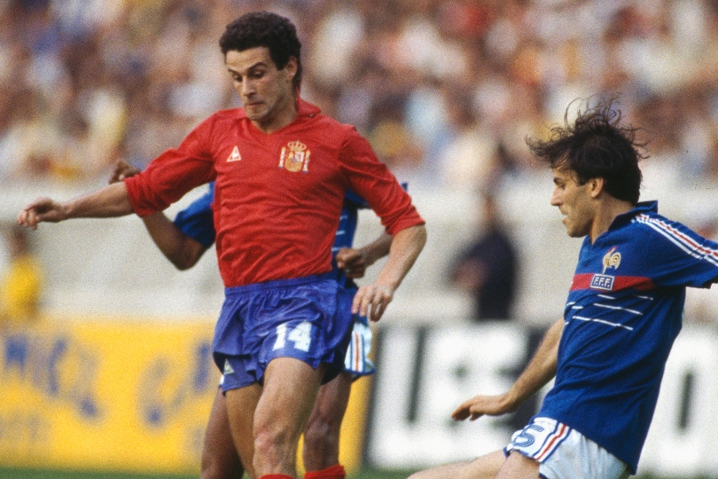 Julio Alberto in action for Spain against France in the final of Euro 1984.