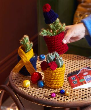 Three small cacti with cozy knitted covers