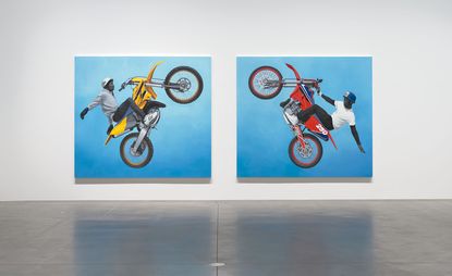 Artwork of two men on electric bicycles