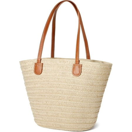 Gocvo Straw Beach Bag for Womens, Crossbody Shoulder Tote Bag With Zipper Vacation Purse for Summer