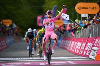 PRATI DI TIVO ITALY MAY 11 Tadej Pogacar of Slovenia and UAE Team Emirates Pink Leader Jersey celebrates at finish line as stage winner during the 107th Giro dItalia 2024 Stage 8 a 152km stage from Spoleto to Prati di Tivo 1451m UCIWT on May 11 2024 in Prati di Tivo Italy Photo by Dario BelingheriGetty Images