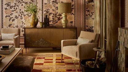 Ornate living room with tree inspired cream wallpaper with brown highlights from Fromental