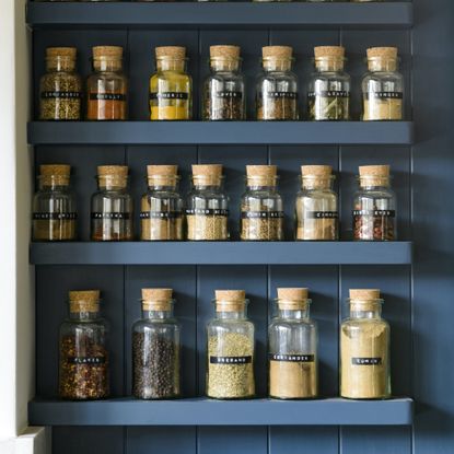 blue shelves with spice jars on
