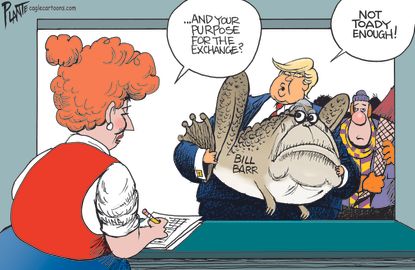Political Cartoon U.S. Trump Bill Barr Resigns Holiday Returns