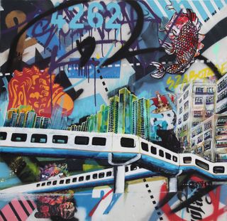 Gravity over multi-coloured painting of city with long blue and white travelator