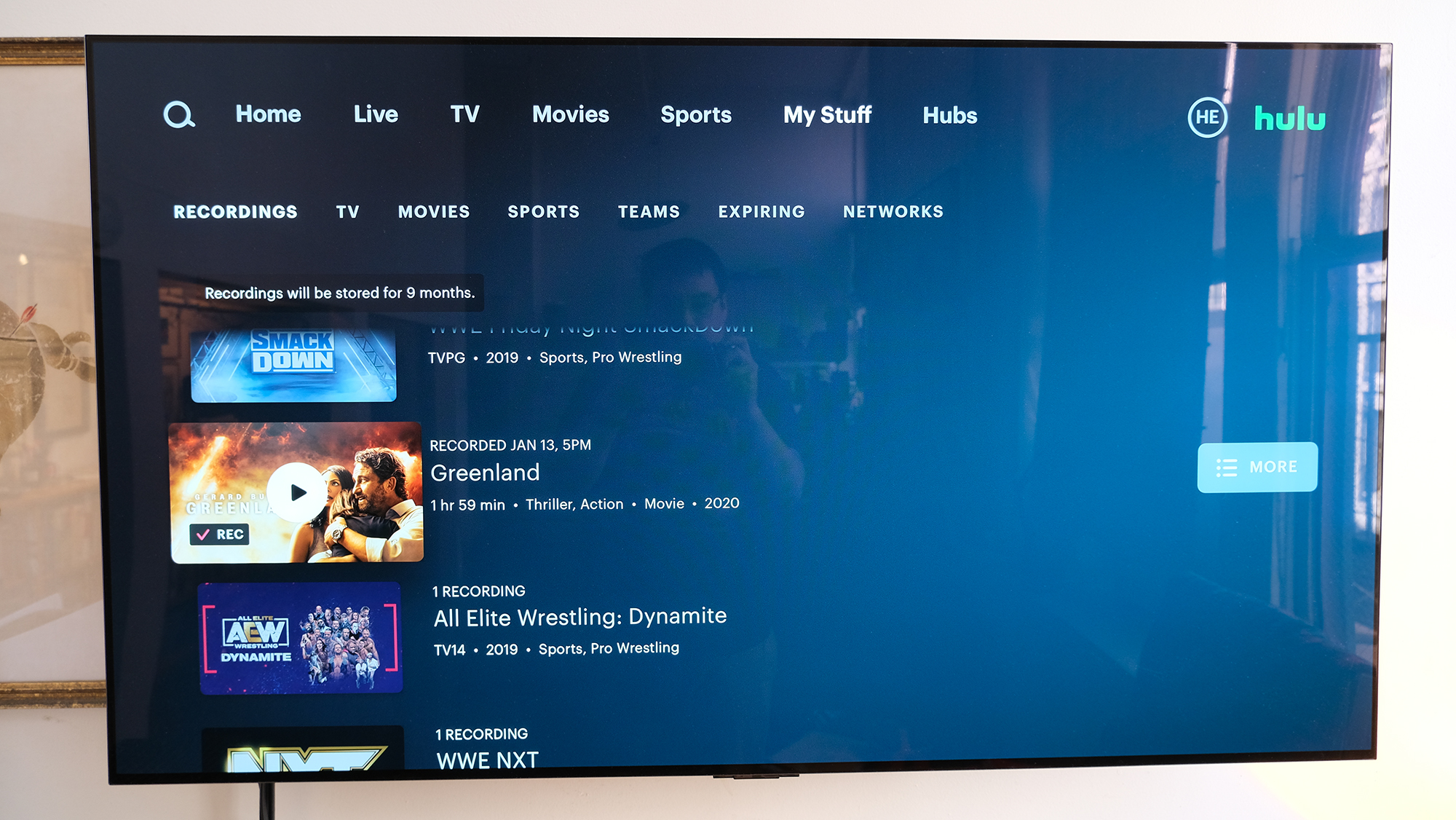 El menú DVR en Hulu + Live TV