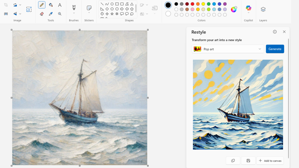 A screenshot of Microsoft Paint AI Restyle feature showing an image of a maritime scene on the left converted into a simpler scene with more contrast and pops of yellow paint