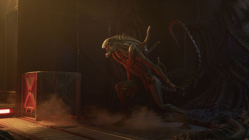 screenshots from a video game showing a first-person view of a character in a darkly-lit spaceship with insect-like aliens running through it
