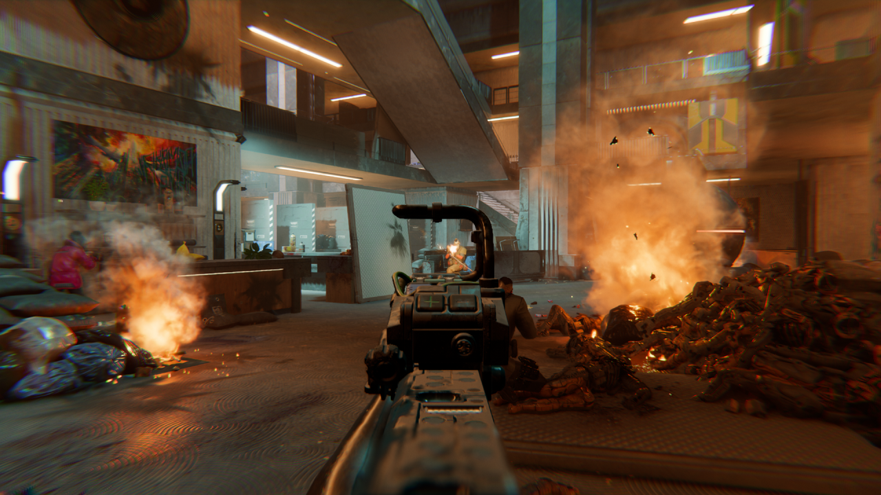 Shooting at enemies amid small fires