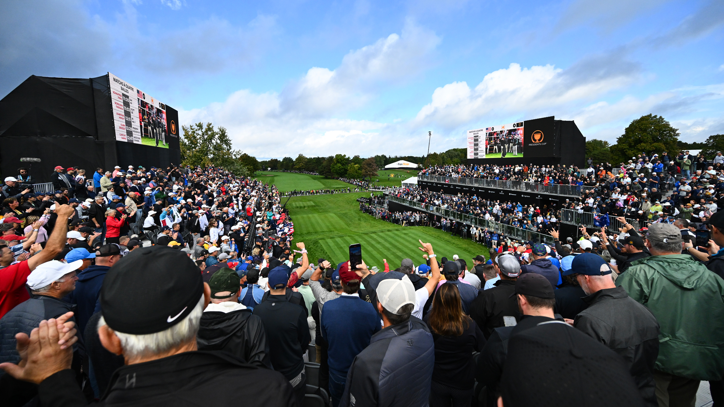 A view from the back of the 1st tee grandstand at the 2024 Presidents Cup