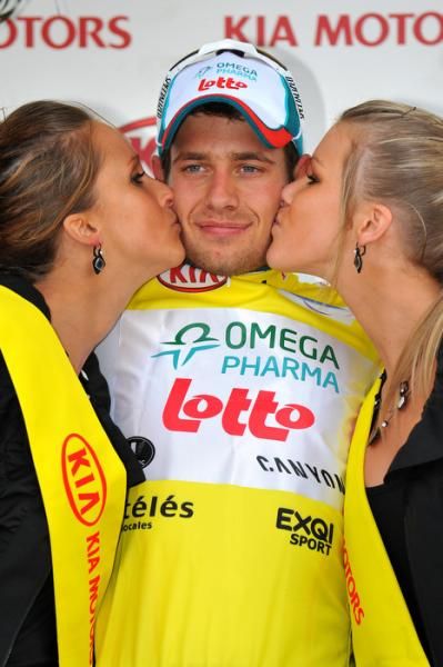 Adam Blythe (Omega Pharma - Lotto) resplendent in the yellow leader's jersey following his stage win at Circuit Franco-Belge.