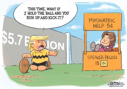 Political cartoon U.S. Trump Nancy Pelosi wall government shutdown peanuts