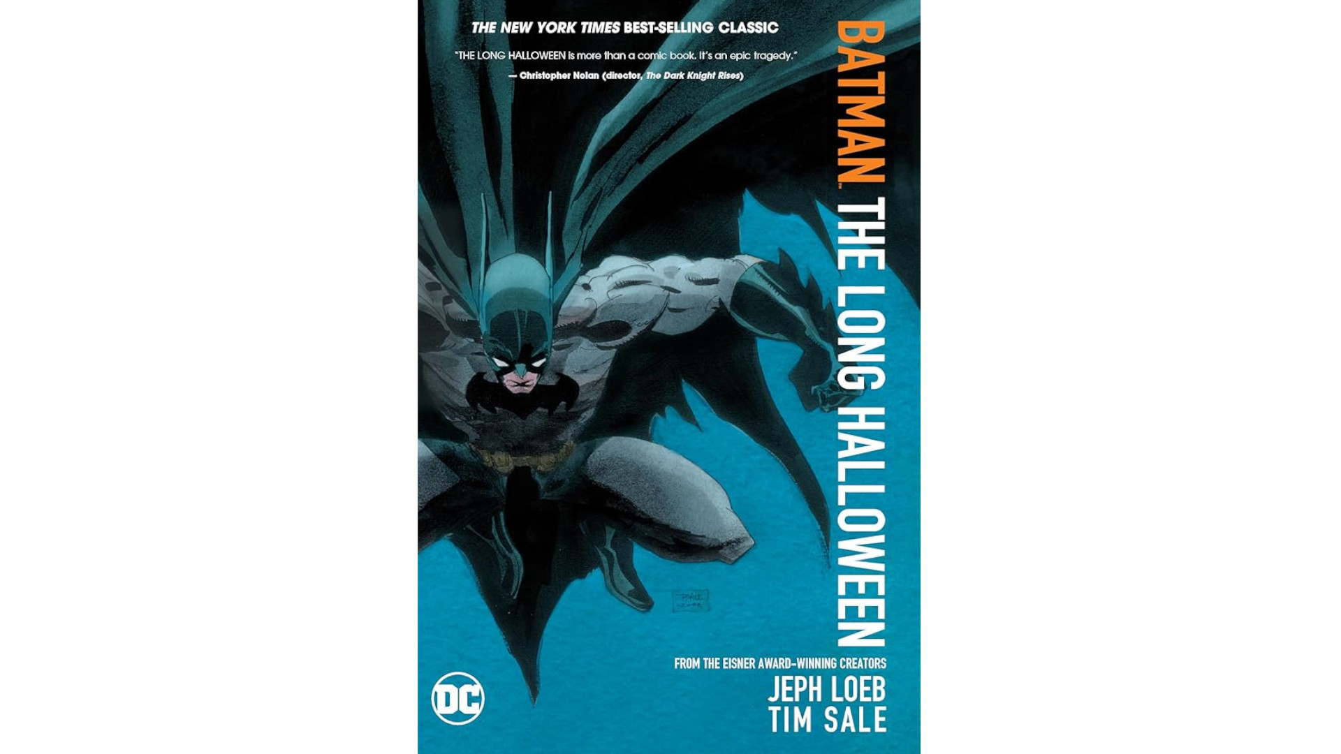 Capa de The Long Halloween, com Batman pulando sobre um fundo azul.