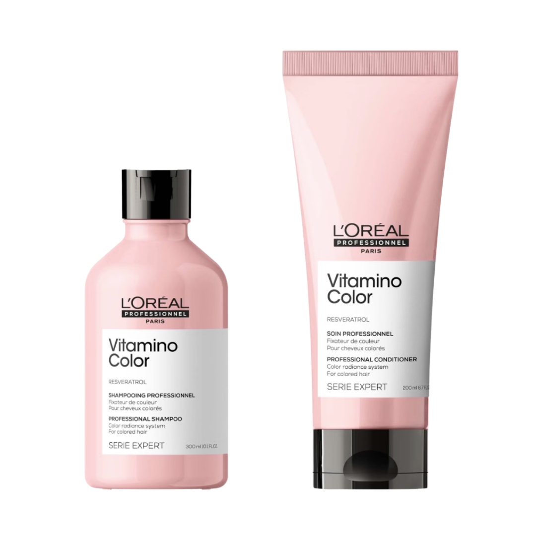 A product shot of the L'Oréal Professionnel Vitamino Colour Shampoo & Conditioner Bundle Set for Coloured Hair, on a white background