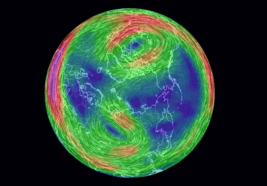 A simulated image of the stratospheric winds over the North Pole Jan. 18, 2019, showing how the northern polar vortex has split into two major parts – one over Canada and one over Russia.