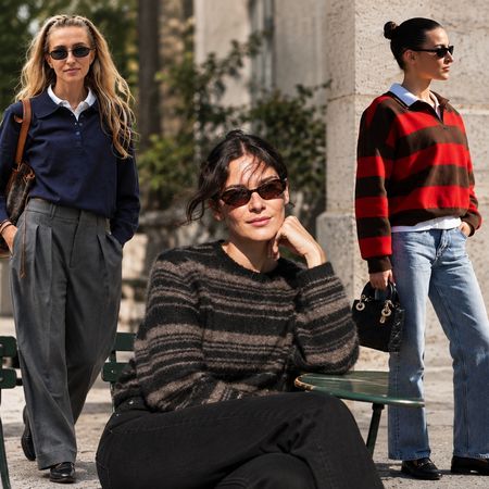 Five women model fall sweater trends in layered street-style looks, including striped knits, collared sweaters, and a bright yellow V-neck.