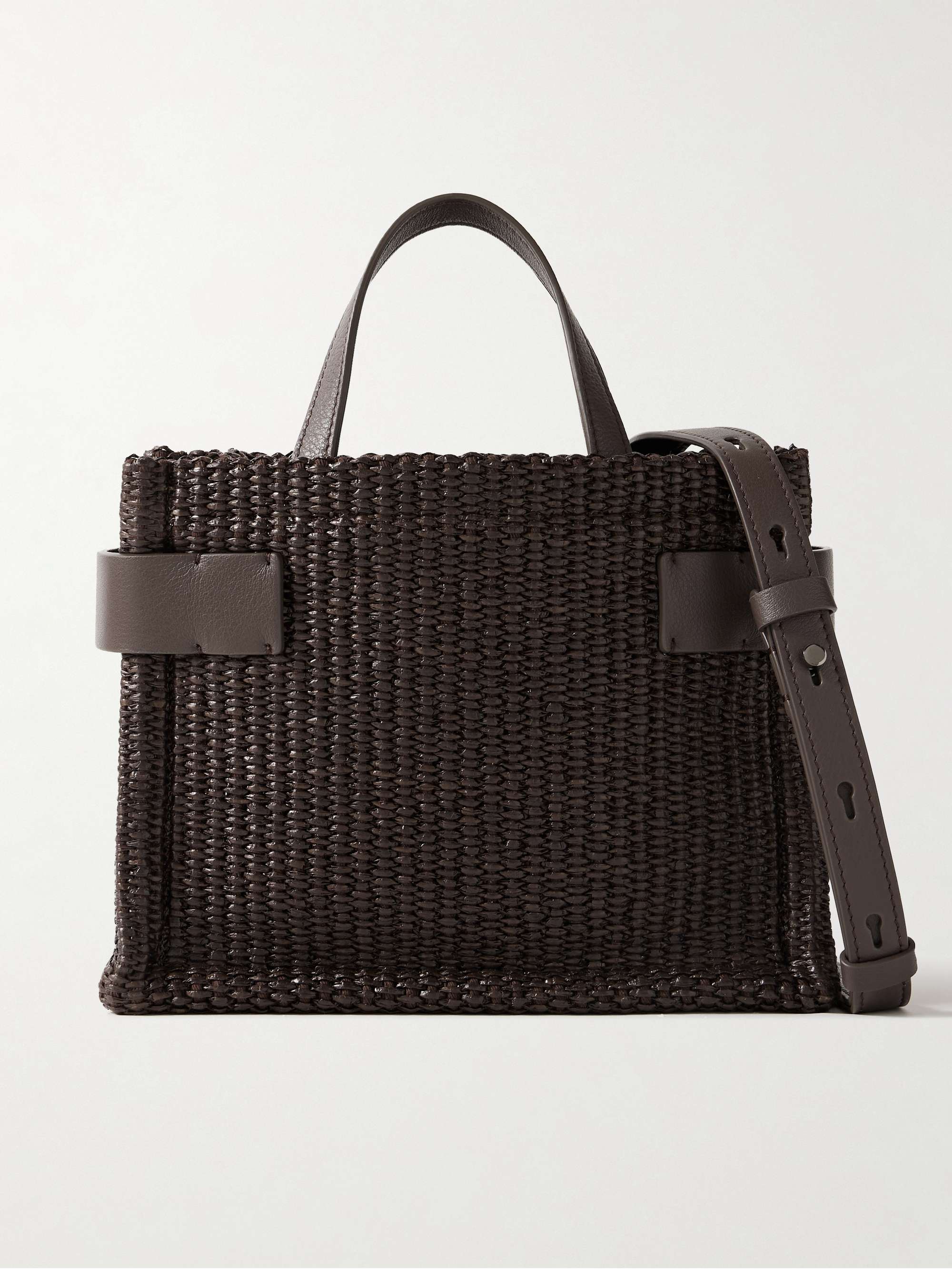 Leather-Trimmed Raffia Shoulder Bag