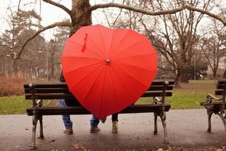 Umbrella, Red, Fashion accessory, Table, Tree, Rain, Landscape, Furniture, Love,
