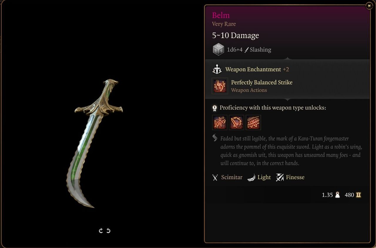 Inventory screen pop up for Belm scimitar in Baldur's Gate 3.