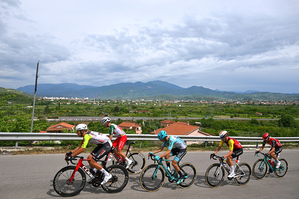 TIRANA ALBANIA MAY 09 Alessandro Verre of Italy and Team Arkea BB Hotels Sylvain Moniquet of Belgium and Team Cofidis Taco Van Der Hoorn of Netherlands and Team Intermarche Wanty Alessandro Tonelli of Italy and Team Polti VisitMalta and Manuele Tarozzi of Italy and Team VF Group Bardiani CSF Faizane compete in the breakaway during the 108th Giro dItalia 2025 Stage 1 a 160km stage from Durres to Tirana UCIWT on May 09 2025 in Tirana Albania Photo by Tim de WaeleGetty Images