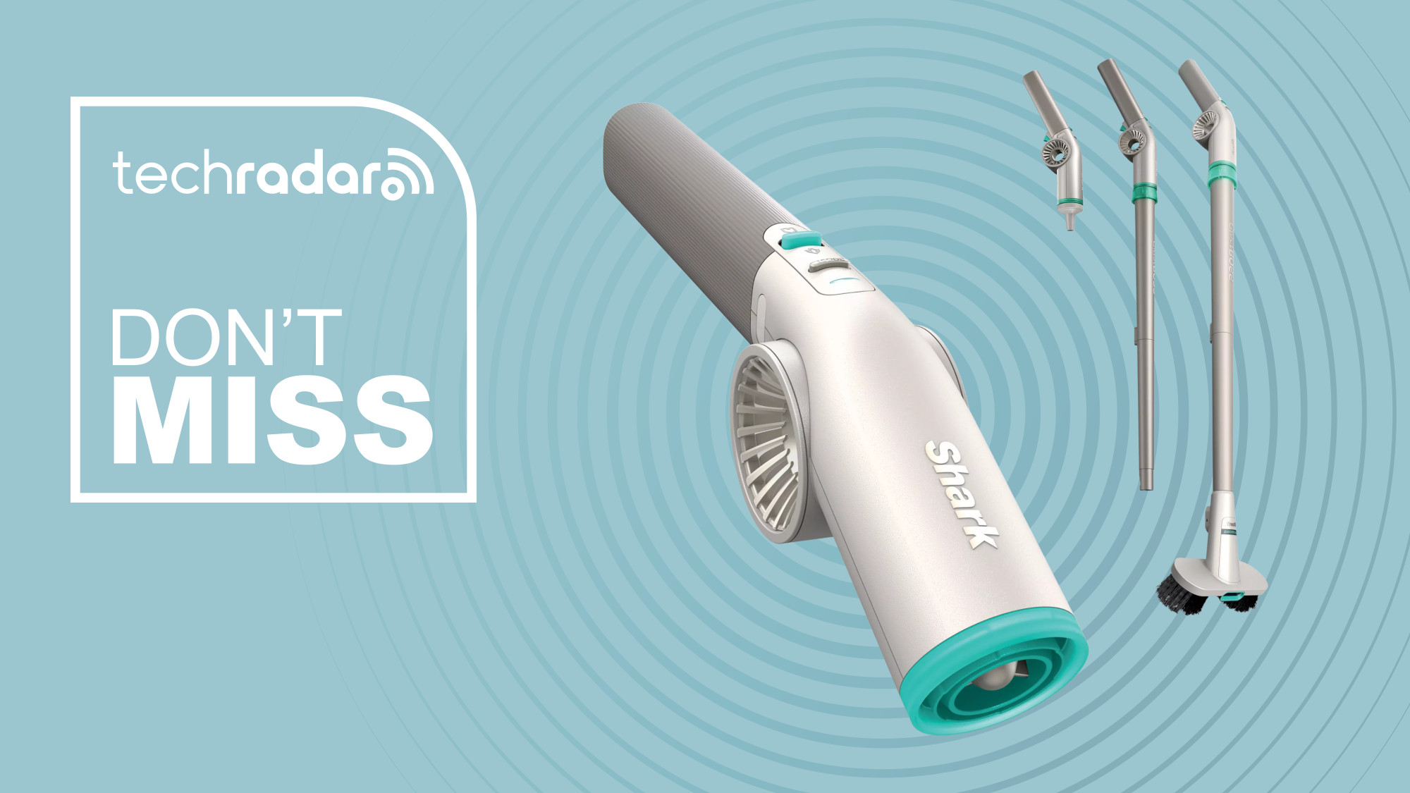 Shark BlastBoss air blower with attachments on blue background with don't miss text overlay