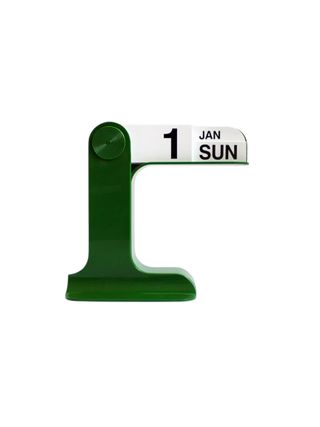 A green, capsule calendar modeled after a green vintage post box.