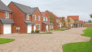 Houses on a street with shared driveway access