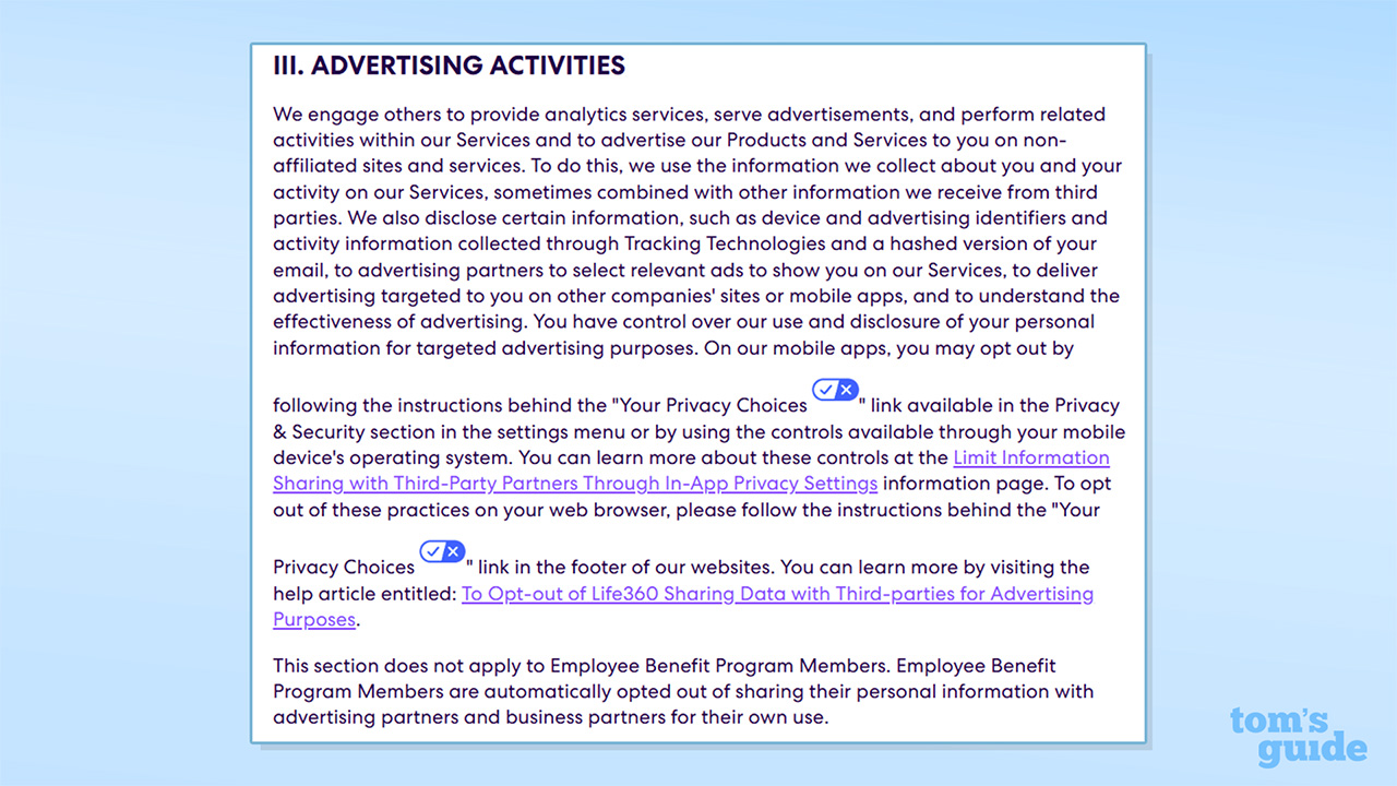 Screenshot of Life360's data sharing for advertising policy