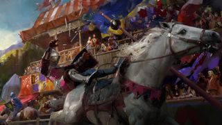 A knight falls from his horse in a jousting tournament in art for Crusader Kings 3.