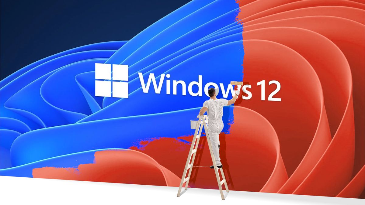 A workman on a ladder painting over a Windows 11 image with a Windows 12 image.