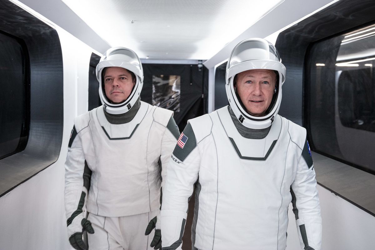 NASA astronauts Bob Behknen (left) and Doug Hurley will be the first to fly on SpaceX&#039;s Crew Dragon spacecraft during the Demo-2 mission, which is scheduled to launch on May 27, 2020..