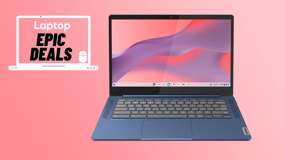 best chromebook deals, blue Lenovo IdeaPad Slim 3 against pink gradient background