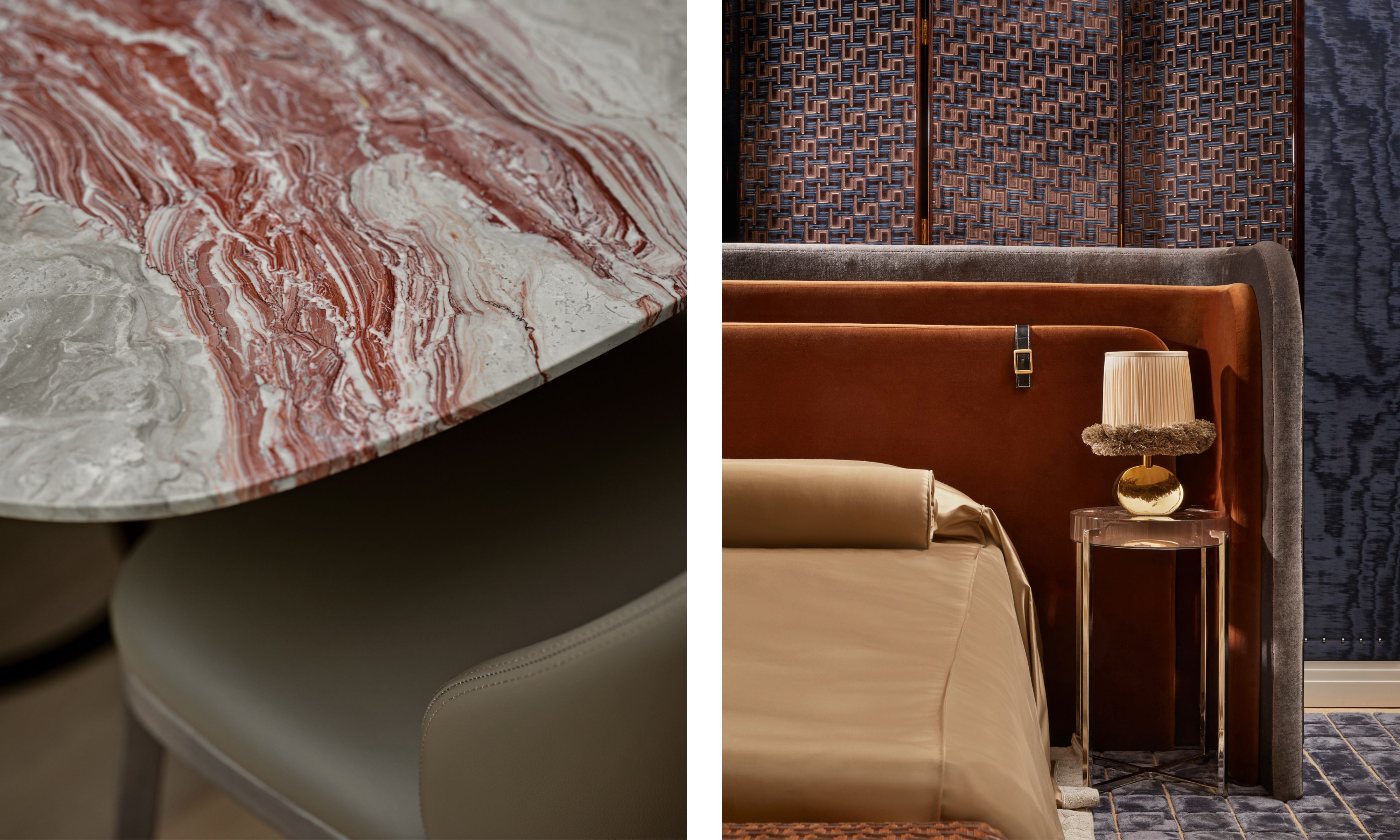 two shots next to each other. On the left, a pale leather chair next to a marble dining table. On the right, a leather strap on a mohair headboard