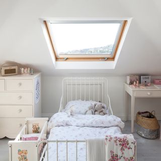 kids bedroom with twin bed underneath skylight