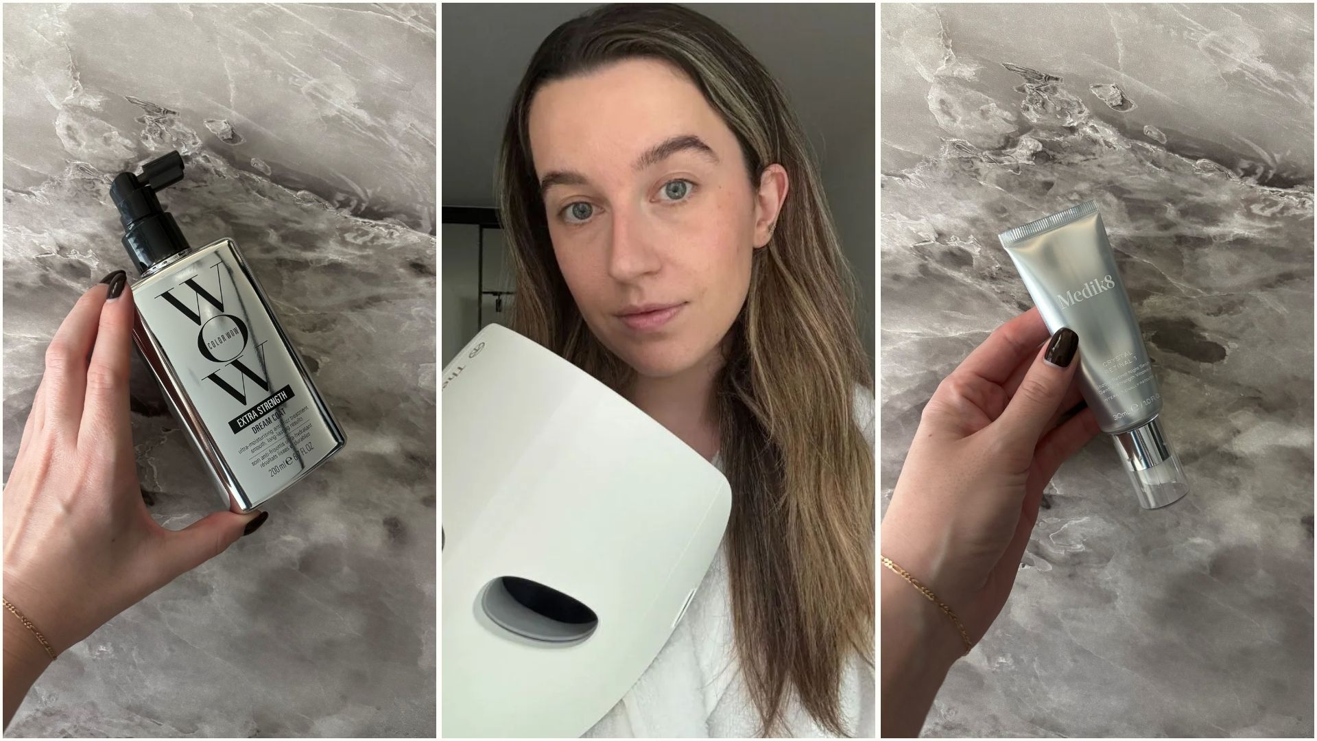 Deputy beauty editor Grace Lindsay holding the Color Wow Dream Coat, the Therabody LED Mask and the Medik8 Crystal Retinol that are all in the Amazon Prime Day sale