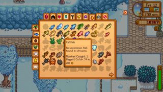 The fish inventory in Stardew Valley