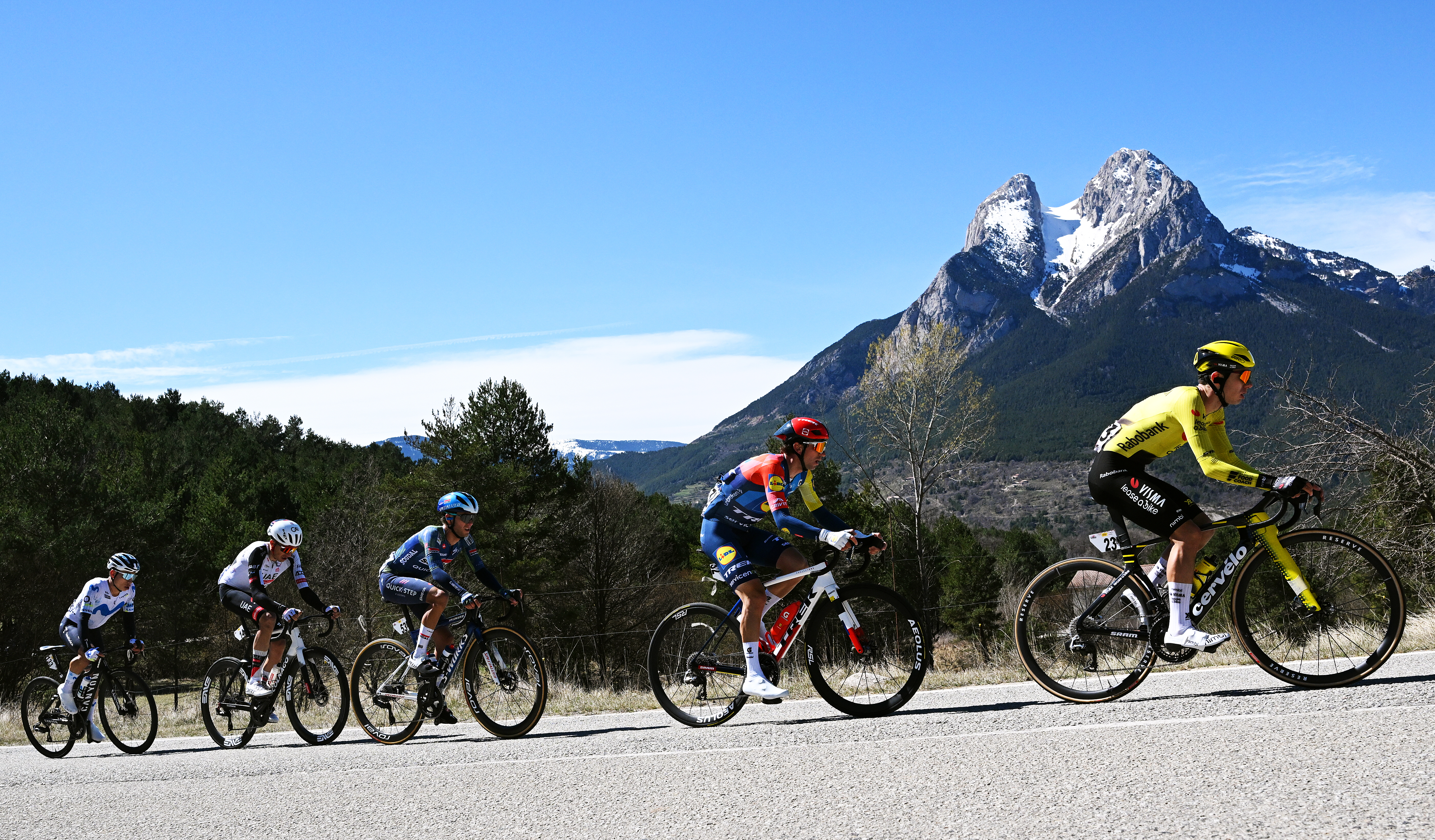 LA MOLINA, SPAIN - MARCH 27: A general view of Marc Soler of Spain and UAE Team Emirates - XRG, Davide Piganzoli of Italy and Team Visma | Lease a Bike, Giulio Ciccone of Italy and Team Lidl - Trek, Einer Rubio of Colombia and Team Movistar and Junior Lecerf of Belgium and Team Soudal Quick-Step during the 105th Volta a Catalunya 2026, Stage 5 a 155.3km stage from La Seu d&amp;amp;apos;Urgell to La Molina/Coll de Pal 2109m / #UCIWT / on March 27, 2026 in La Molina, Spain. (Photo by Szymon Gruchalski/Getty Images)