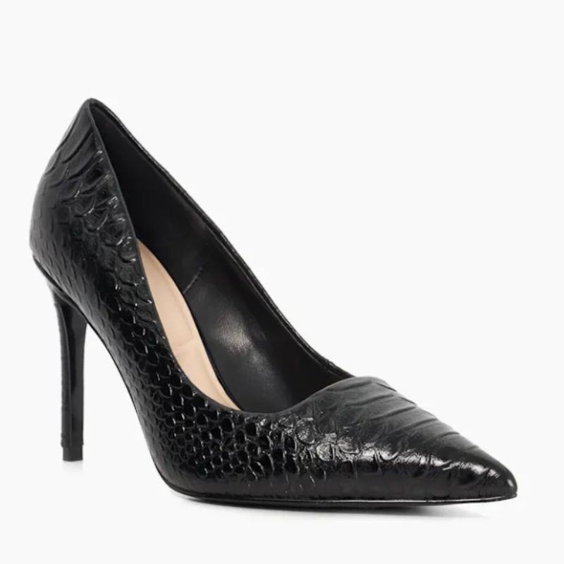 black mock croc court shoes